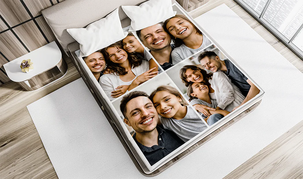 Mink Touch Foto-Decke von Printerpix|Personalisierte Decken|Große Fotodecke auf Doppelbett mit Bild eines Mädchens|Fotodecke Bild mit Größenvergleich|Fotodecke Schwarz-Weiß-Collage Bild||||||